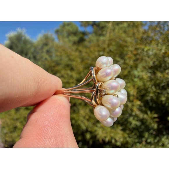 Vintage 14k Solid Yellow Gold Real Pearl & Natural Diamond Ring - Luster Cluster - Picture 4 of 12